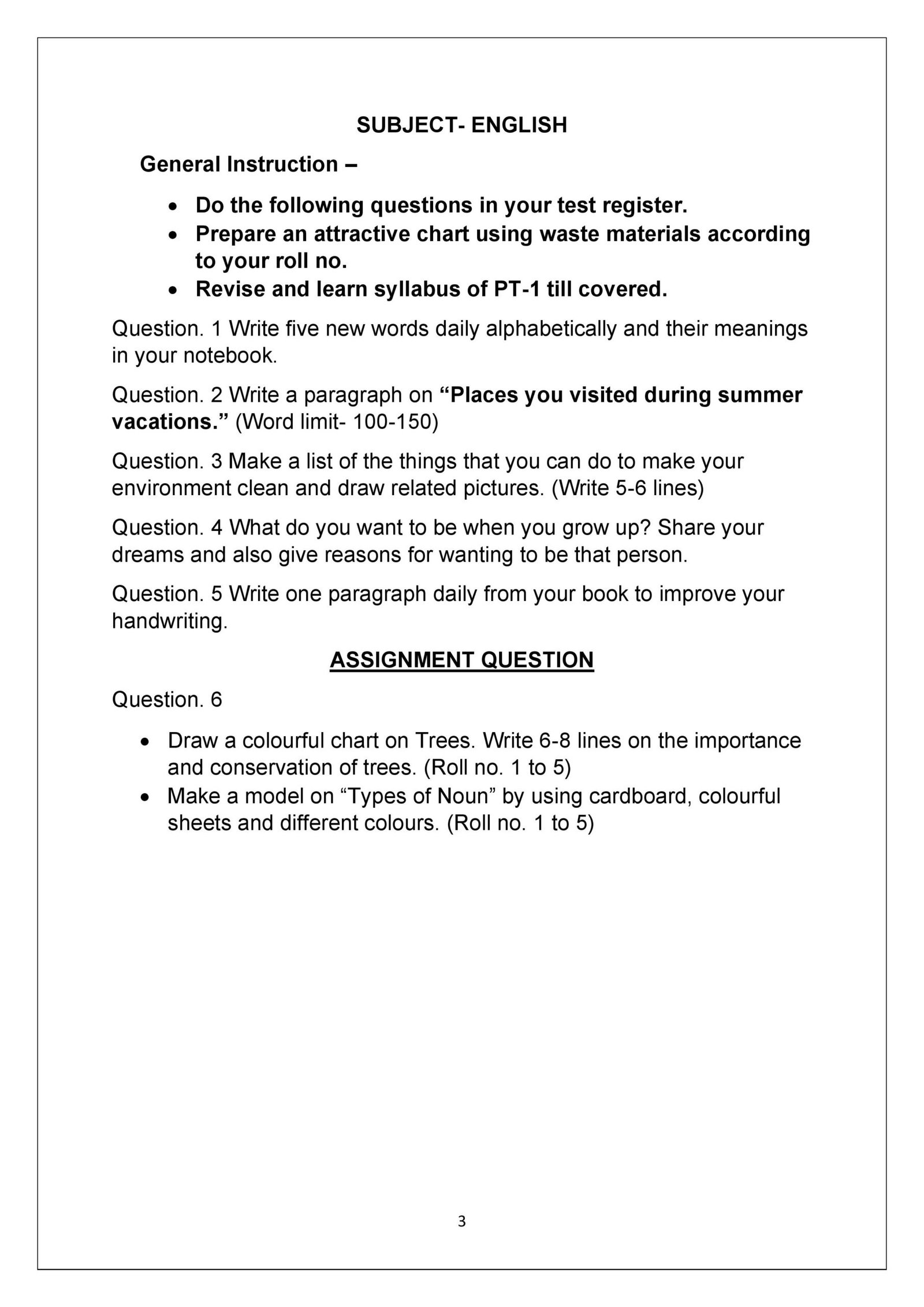 summer vacation english homework for class 6